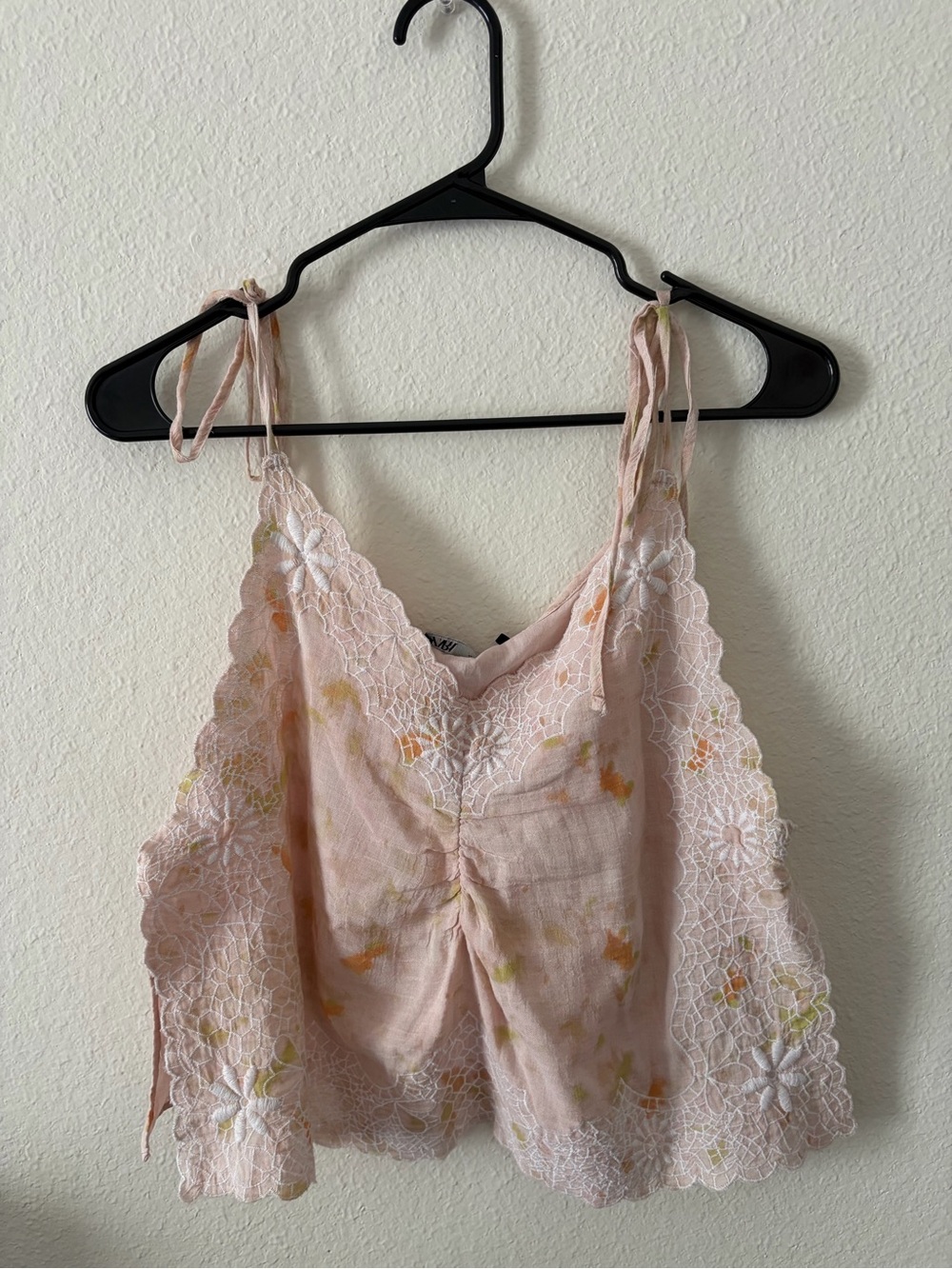Zara Pink Floral Lace-Trim Tie-Strap Cami